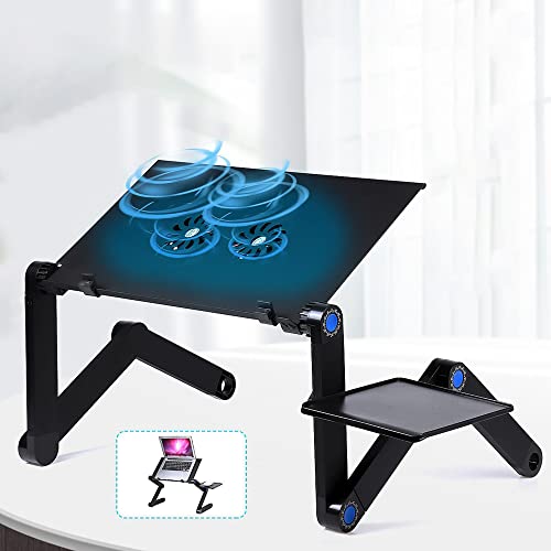 TriLine Adjustable Aluminium Laptop Stand, Laptop Tray for Sofa Bed Couch, Portable Lap Desk Foldable Table Workstation Notebook Riser with Mouse Pad,Ergonomic Laptop Stand with CPU Cooling Fans-Black