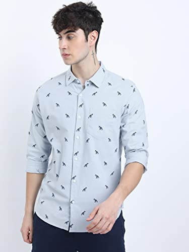 KETCH Men's Letter Print Straight Fit Shirt (KHSH000439_LT Blue L)