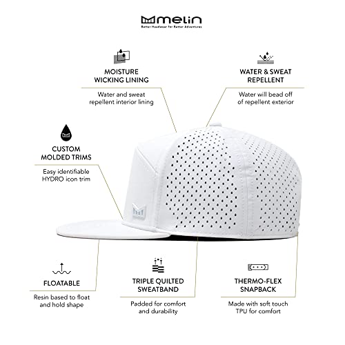 melin Trenches Icon Hydro, Performance Snapback Hat, Water-Resistant Baseball Cap for Men & Women, White