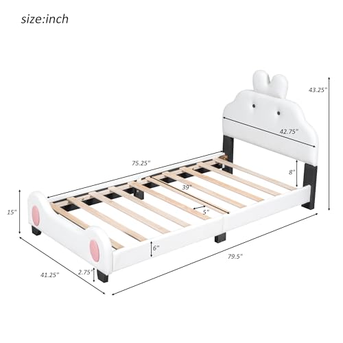 Lostcat Twin Size Princess Bed with Cartoon Headboard and Footboard,Toddler Upholstered Platform Bed with Slatted Bed Base, PU Leather Upholstered Platform Bed Frame, No Box Spring Needed, White+Pink