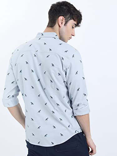 KETCH Men's Letter Print Straight Fit Shirt (KHSH000439_LT Blue L)