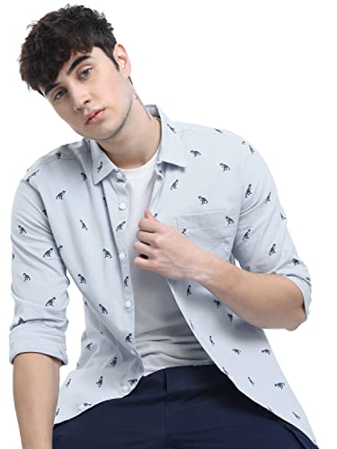 KETCH Men's Letter Print Straight Fit Shirt (KHSH000439_LT Blue L)