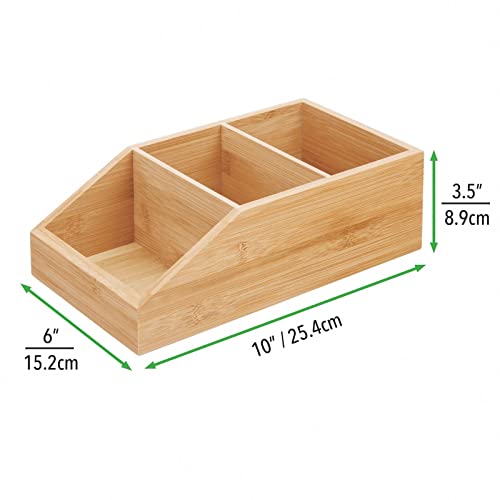 mDesign Bamboo Wood Food Storage Bin with Divided 3 Compartments and Sloped Front for Kitchen Cabinet, Pantry, Shelf to Organize Seasoning Packets, Powder Mixes, Spices, Snacks - Natural