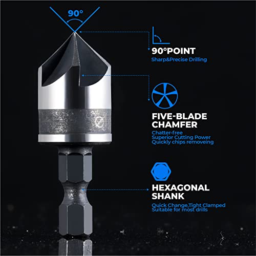 amoolo 10-Pack Countersink Drill Bit Set with 1 Free Hex Key Wrench, 7 Pcs High Carbon Steel Countersink Drill Bits for Wood, 3 Pcs Hex Shank Wood Countersink Bits (1/2" 5/8" 3/4"), Woodworking Carpentry Reamer