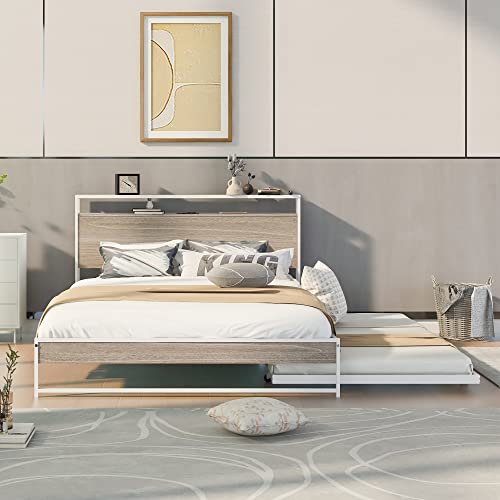 Lostcat Queen Size Metal Platform Bed Frame with Twin Size Trundle, Metal Queen Size Bed Frame with Storage Headboard for Bedroom,USB Ports and Steel Slat Support, No Box Spring Needed,White