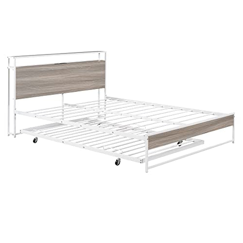 Lostcat Queen Size Metal Platform Bed Frame with Twin Size Trundle, Metal Queen Size Bed Frame with Storage Headboard for Bedroom,USB Ports and Steel Slat Support, No Box Spring Needed,White