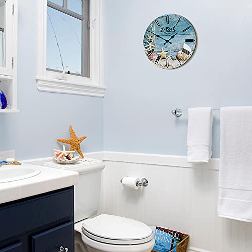 Funny Beach Bathroom Decor Silent Wall Clock Non Ticking Seashells Sea Themed Bathroom Decor Wall Art - The Beach is My Happy Place to Be - 12 inch Bathroom Wall Clocks Battery Operated