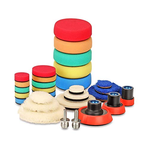 SPTA 29pcs 25mm/50mm/80mm Polishing Pads Drill Buffing Pad Detail Polishing Pad Compound Kit with M14 Thread Backing pad & Adapters for Car Sanding, Polishing, Waxing, Sealing Glaze