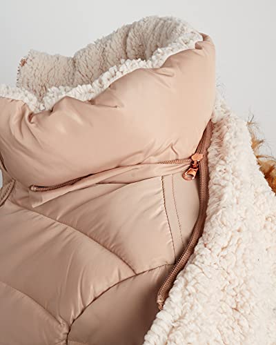 Madden Girl Women’s Winter Coat - Quilted Bubble Puffer Parka Jacket, Sherpa Hood (S-1X), Size L, Tan