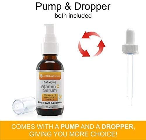 20% Serum z witaminą C - 60 ml / 2 oz Wyprodukowane w Kanadzie – certyfikowane składniki organiczne + 11% kwas hialuronowy + krem nawilżający z witaminą E + formuła przeciwzmarszczkowa, idealne dla Twojej skóry + zawiera pompkę i podajnik