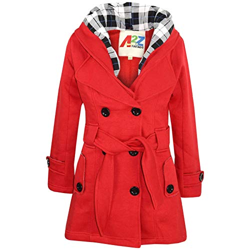 Kids Girls Overcoat Hooded Trench Coat Lapels Red Padded Long Parka Jacket 5-13Y