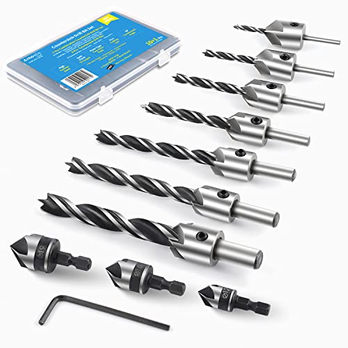 amoolo 10-Pack Countersink Drill Bit Set with 1 Free Hex Key Wrench, 7 Pcs High Carbon Steel Countersink Drill Bits for Wood, 3 Pcs Hex Shank Wood Countersink Bits (1/2" 5/8" 3/4"), Woodworking Carpentry Reamer