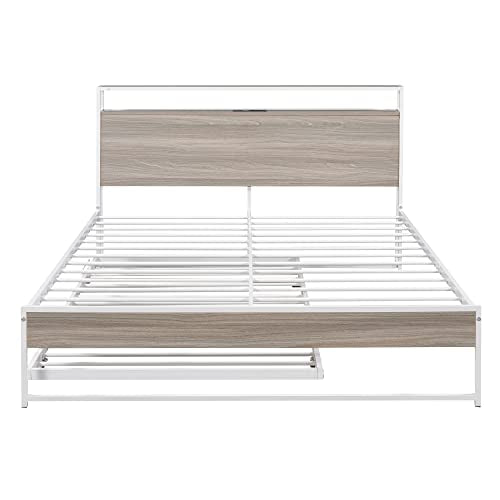 Lostcat Queen Size Metal Platform Bed Frame with Twin Size Trundle, Metal Queen Size Bed Frame with Storage Headboard for Bedroom,USB Ports and Steel Slat Support, No Box Spring Needed,White