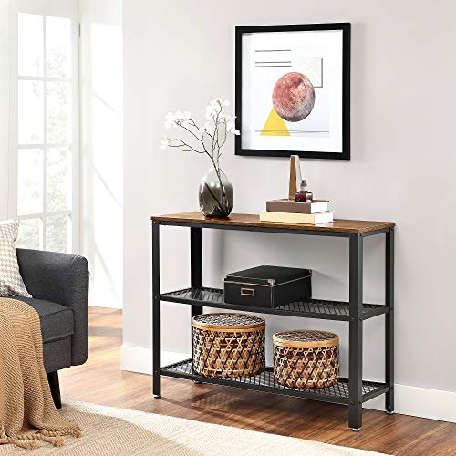 VASAGLE Industrial Console Table, Hallway Table with 2 Mesh Shelves, Side Table and Sideboard, Living Room, Corridor, 40 x 13.8 x 31.5 Inches, Narrow, Steel, Rustic Brown and Black ULNT81BX