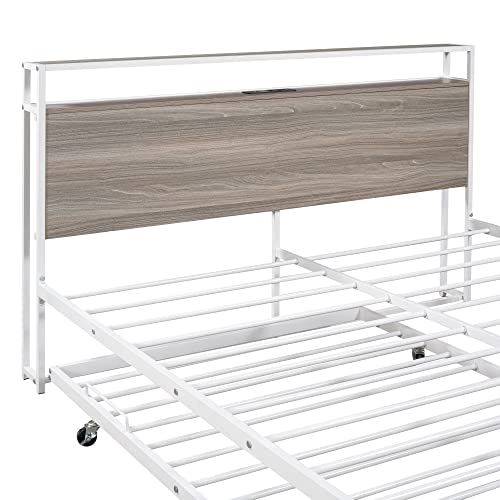 Lostcat Queen Size Metal Platform Bed Frame with Twin Size Trundle, Metal Queen Size Bed Frame with Storage Headboard for Bedroom,USB Ports and Steel Slat Support, No Box Spring Needed,White