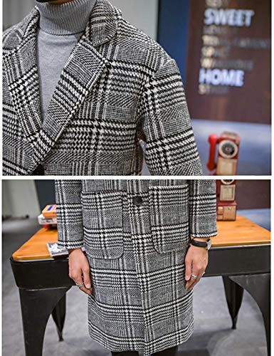 Uaneo Men's Casual Notch Lapel Single Breasted Plaid Mid Long Trench Pea Coat (Gray, Medium)