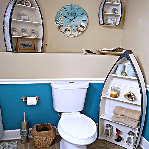 Funny Beach Bathroom Decor Silent Wall Clock Non Ticking Seashells Sea Themed Bathroom Decor Wall Art - The Beach is My Happy Place to Be - 12 inch Bathroom Wall Clocks Battery Operated