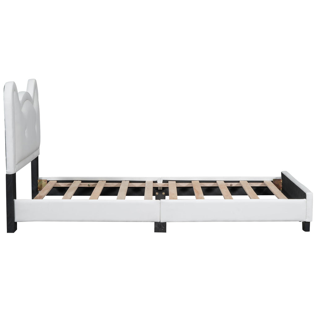 Lostcat Twin Size Upholstered Carton Ears-Shape Princess Bed with Headboard and Footboard, Cute Twin Size Platform Bed Frame, Twin Size Kids Bed Frame for Boys Girls, No Box Spring Needed, White