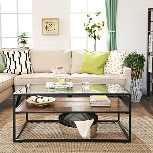 VASAGLE GLATAL Glass Coffee Table with Storage, Cocktail Table with Tempered Glass Top, Steel Frame, for Living Room, Rustic Brown and Black ULCT30BX