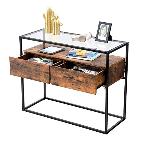 VASAGLE Industrial Console Table, Tempered Glass Table with 2 Drawers and Rustic Shelf, Decoration Sideboard, in Hallway Lounge or Foyer, Stable Iron Frame ULNT11BX