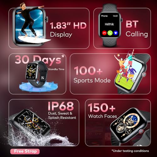 itel ICON-2 Smartwatch with BT Calling, 1.83" HD Display with a 550 nits Peak Brightness, Functional Crown, IP68, 150+ Watch Faces, 24Hr Health Monitor and Voice Assistant (Black)