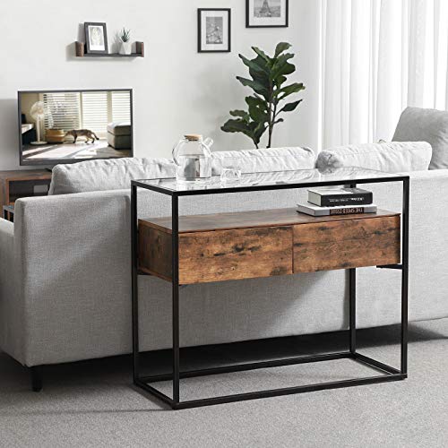 VASAGLE Industrial Console Table, Tempered Glass Table with 2 Drawers and Rustic Shelf, Decoration Sideboard, in Hallway Lounge or Foyer, Stable Iron Frame ULNT11BX