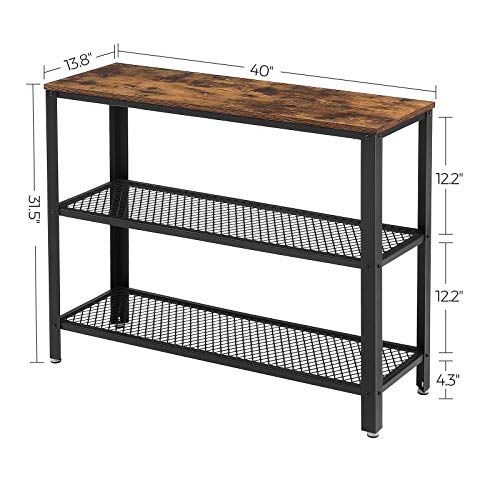 VASAGLE Industrial Console Table, Hallway Table with 2 Mesh Shelves, Side Table and Sideboard, Living Room, Corridor, 40 x 13.8 x 31.5 Inches, Narrow, Steel, Rustic Brown and Black ULNT81BX