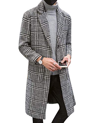 Uaneo Men's Casual Notch Lapel Single Breasted Plaid Mid Long Trench Pea Coat (Gray, Medium)