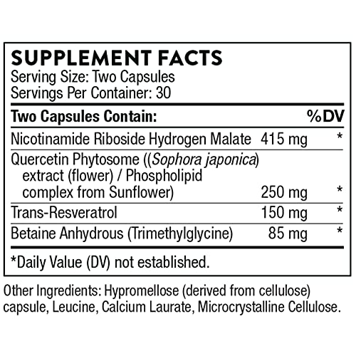 Thorne ResveraCel - Nicotinamide Riboside with Quercetin Phytosome and Resveratrol - Support Healthy Aging, Methylation, Cellular Energy Production and Metabolism - 60 Capsules - 30 Servings