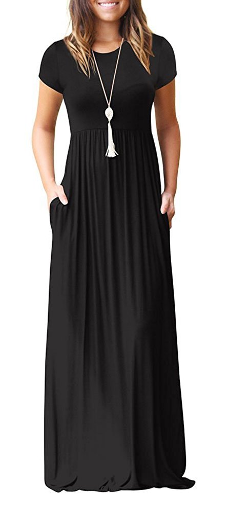 Viishow Women's Short Sleeve Loose Plain Maxi Dresses Casual Long Dresses with Pockets(Black, XXL)