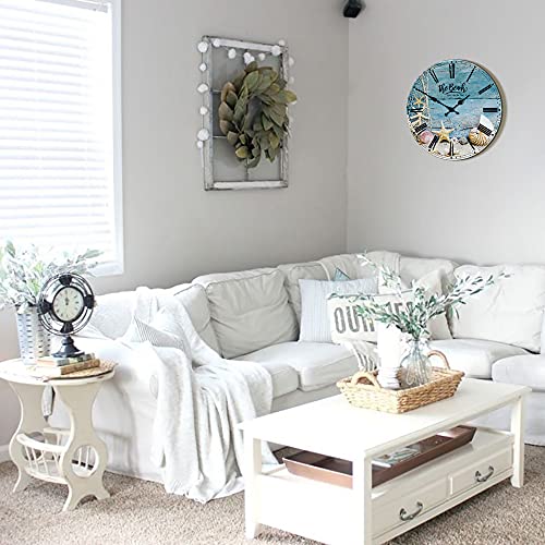 Funny Beach Bathroom Decor Silent Wall Clock Non Ticking Seashells Sea Themed Bathroom Decor Wall Art - The Beach is My Happy Place to Be - 12 inch Bathroom Wall Clocks Battery Operated