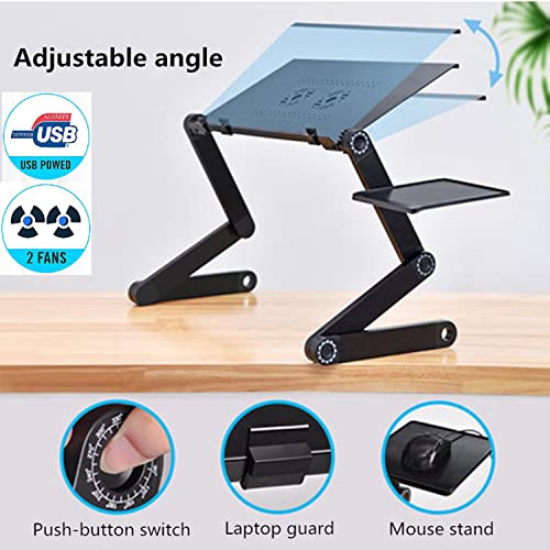 TriLine Adjustable Aluminium Laptop Stand, Laptop Tray for Sofa Bed Couch, Portable Lap Desk Foldable Table Workstation Notebook Riser with Mouse Pad,Ergonomic Laptop Stand with CPU Cooling Fans-Black