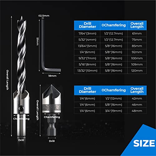 amoolo 10-Pack Countersink Drill Bit Set with 1 Free Hex Key Wrench, 7 Pcs High Carbon Steel Countersink Drill Bits for Wood, 3 Pcs Hex Shank Wood Countersink Bits (1/2" 5/8" 3/4"), Woodworking Carpentry Reamer