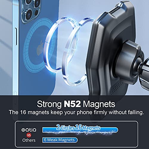 OQTIQ Magnetic Car Mount for iPhone 13/12/Magsafe Case, Air Vent Car Phone Holder Mount, Adjustable Phone Mount with 16 Strong N52-Magnets Array & Stainless Steel Hook Vent Clip