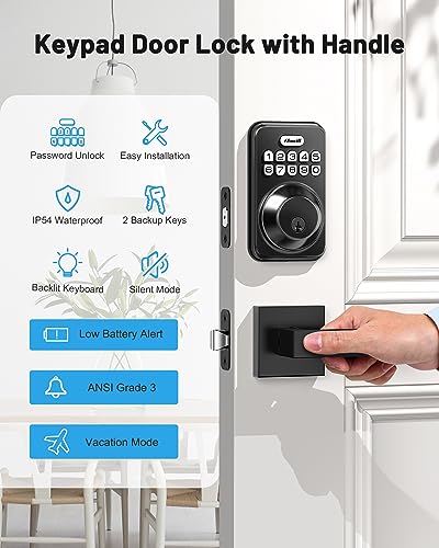 Keyless Entry Door Lock with 2 Lever Handles, Zowill Electronic Keypad Deadbolt, Auto-Locking, Anti-Peeping Password, Digital Smart Code Door Lock, Front Door Handle Sets, Matte Black