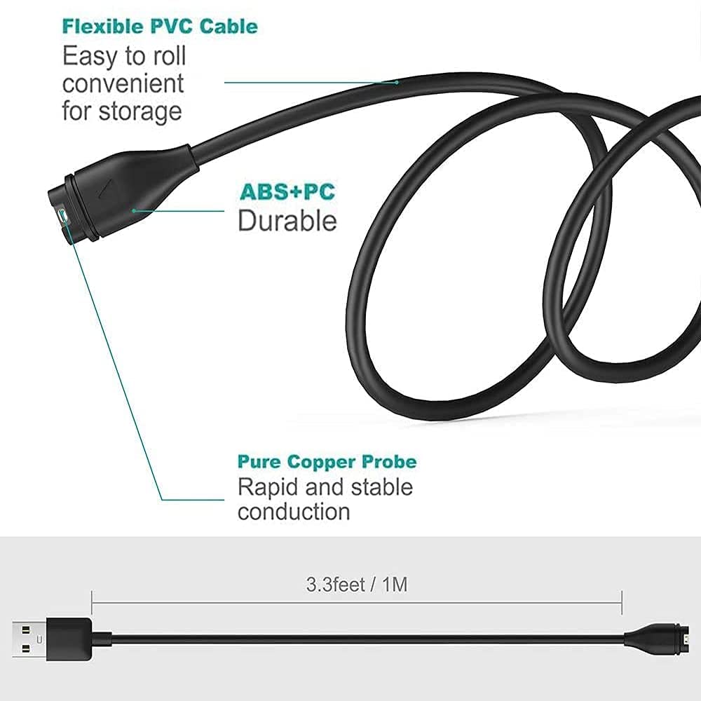 Zitel® Charger Compatible with Garmin Fenix 7, Fenix 7S, Fenix 7X - USB Charging Cable 100cm, Black