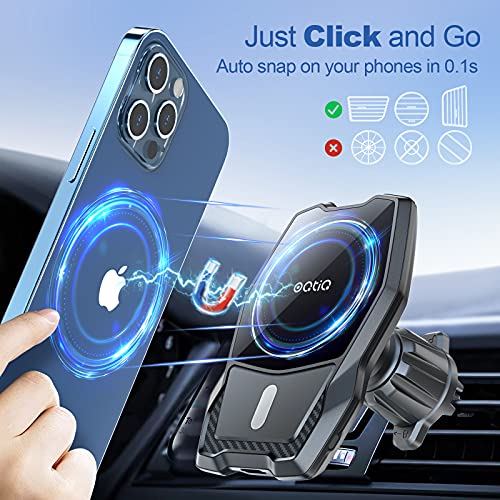 OQTIQ Magnetic Car Mount for iPhone 13/12/Magsafe Case, Air Vent Car Phone Holder Mount, Adjustable Phone Mount with 16 Strong N52-Magnets Array & Stainless Steel Hook Vent Clip