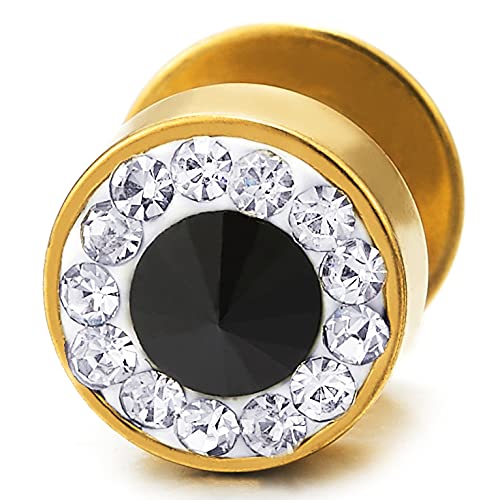 8mm Mens Gold Color Stud Earrings Steel Illusion Tunnel Plug Screw Back with Cubic Zirconia, 2pcs