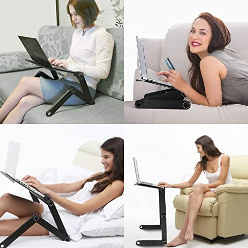 TriLine Adjustable Aluminium Laptop Stand, Laptop Tray for Sofa Bed Couch, Portable Lap Desk Foldable Table Workstation Notebook Riser with Mouse Pad,Ergonomic Laptop Stand with CPU Cooling Fans-Black