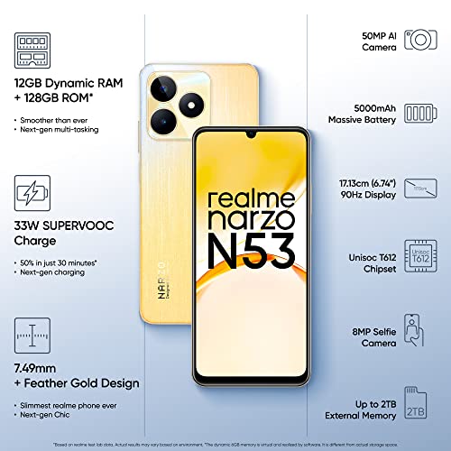 realme narzo N53 (Feather Gold, 4GB+64GB) 33W Segment Fastest Charging | Slim Smartphone | 90 Hz Smooth Display