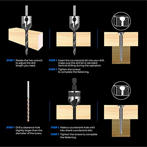 amoolo 10-Pack Countersink Drill Bit Set with 1 Free Hex Key Wrench, 7 Pcs High Carbon Steel Countersink Drill Bits for Wood, 3 Pcs Hex Shank Wood Countersink Bits (1/2" 5/8" 3/4"), Woodworking Carpentry Reamer