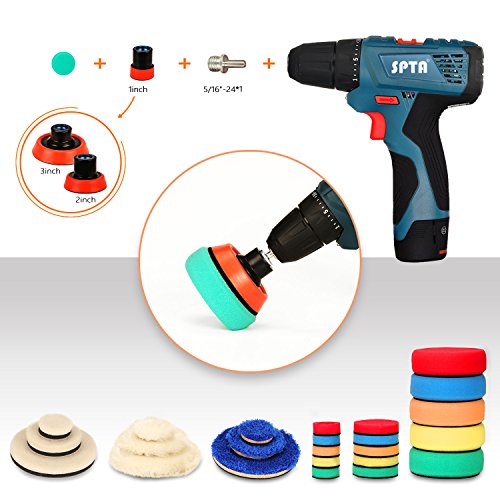 SPTA 29pcs 25mm/50mm/80mm Polishing Pads Drill Buffing Pad Detail Polishing Pad Compound Kit with M14 Thread Backing pad & Adapters for Car Sanding, Polishing, Waxing, Sealing Glaze