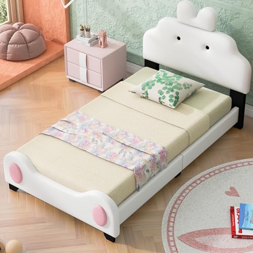 Lostcat Twin Size Princess Bed with Cartoon Headboard and Footboard,Toddler Upholstered Platform Bed with Slatted Bed Base, PU Leather Upholstered Platform Bed Frame, No Box Spring Needed, White+Pink