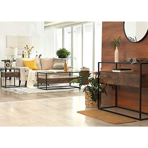 VASAGLE Industrial Console Table, Tempered Glass Table with 2 Drawers and Rustic Shelf, Decoration Sideboard, in Hallway Lounge or Foyer, Stable Iron Frame ULNT11BX