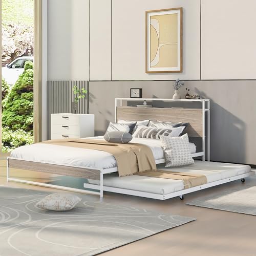 Lostcat Queen Size Metal Platform Bed Frame with Twin Size Trundle, Metal Queen Size Bed Frame with Storage Headboard for Bedroom,USB Ports and Steel Slat Support, No Box Spring Needed,White