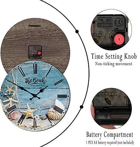 Funny Beach Bathroom Decor Silent Wall Clock Non Ticking Seashells Sea Themed Bathroom Decor Wall Art - The Beach is My Happy Place to Be - 12 inch Bathroom Wall Clocks Battery Operated