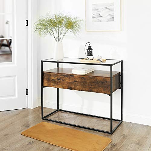 VASAGLE Industrial Console Table, Tempered Glass Table with 2 Drawers and Rustic Shelf, Decoration Sideboard, in Hallway Lounge or Foyer, Stable Iron Frame ULNT11BX