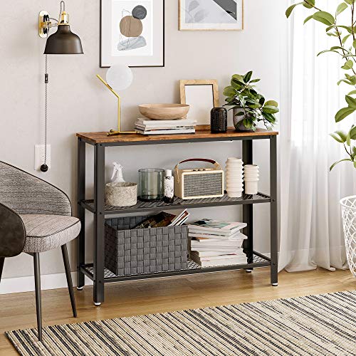 VASAGLE Industrial Console Table, Hallway Table with 2 Mesh Shelves, Side Table and Sideboard, Living Room, Corridor, 40 x 13.8 x 31.5 Inches, Narrow, Steel, Rustic Brown and Black ULNT81BX