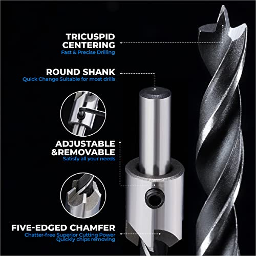 amoolo 10-Pack Countersink Drill Bit Set with 1 Free Hex Key Wrench, 7 Pcs High Carbon Steel Countersink Drill Bits for Wood, 3 Pcs Hex Shank Wood Countersink Bits (1/2" 5/8" 3/4"), Woodworking Carpentry Reamer