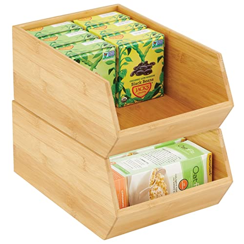 mDesign Bamboo Stackable Food Storage Organization Bin Basket - Wide Open Front for Kitchen Cabinets, Pantry, Offices, Closets, Holds Snacks, Dry Goods, Packets, Spices, Teas - 2 Pack - Natural Wood